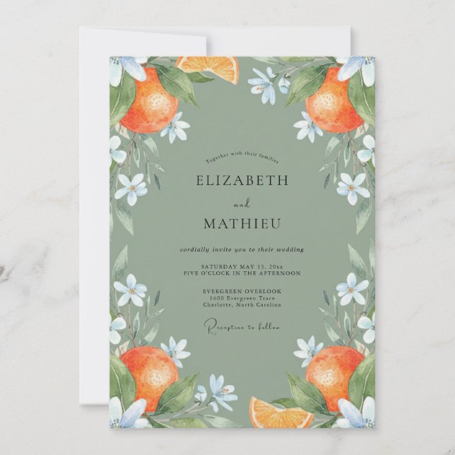 Sage Green Zesty Citrus Wedding Invitation (Front)