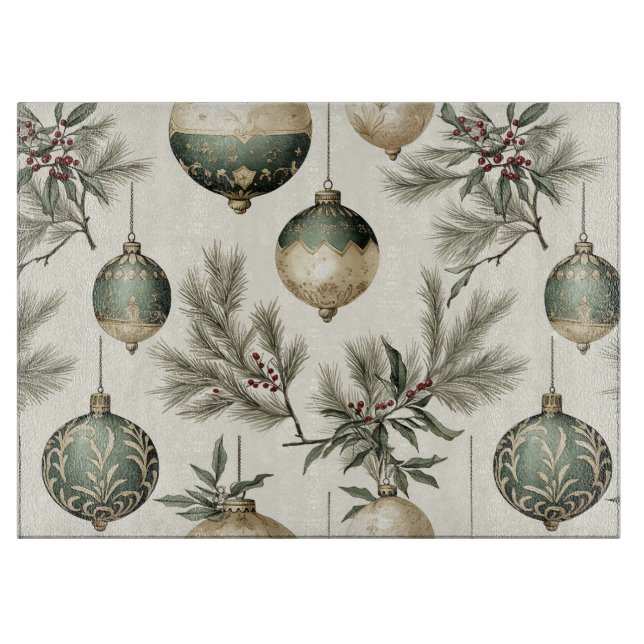 Sage Greenand Gold Christmas Ornaments Poinsettias Cutting Board (Front)
