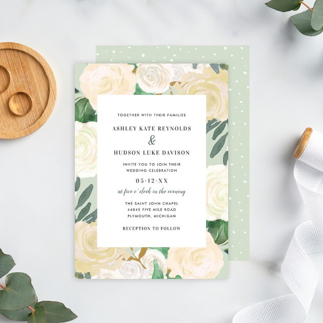 Sage Greenery and Cream Roses Floral Wedding Invitation (Creator Uploaded)