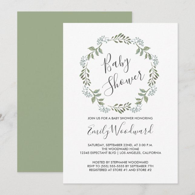 Sage Greenery Botanical Wreath Baby Shower Invitation (Front/Back)