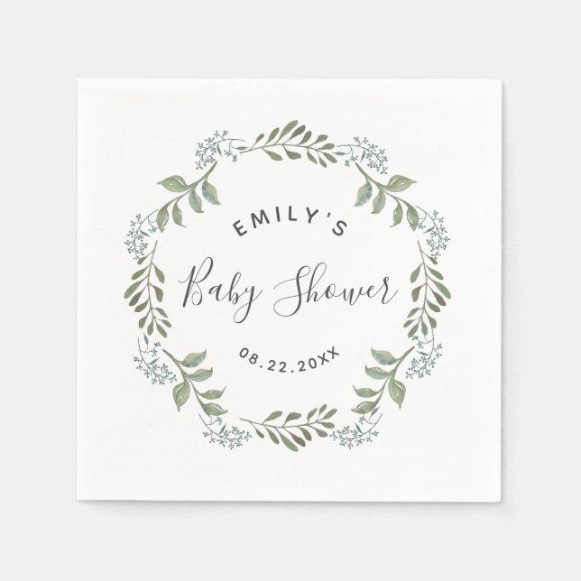 Sage Greenery Botanical Wreath Baby Shower Napkins (Front)