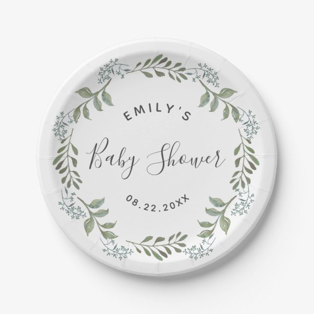 Sage Greenery Botanical Wreath Baby Shower Paper Plates (Front)