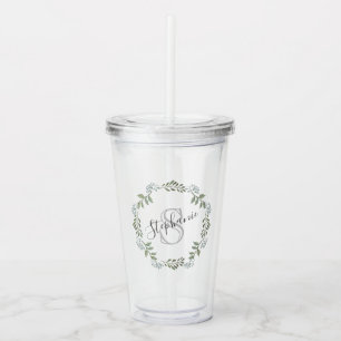 Sage Greenery Botanical Wreath Monogram Acrylic Tumbler