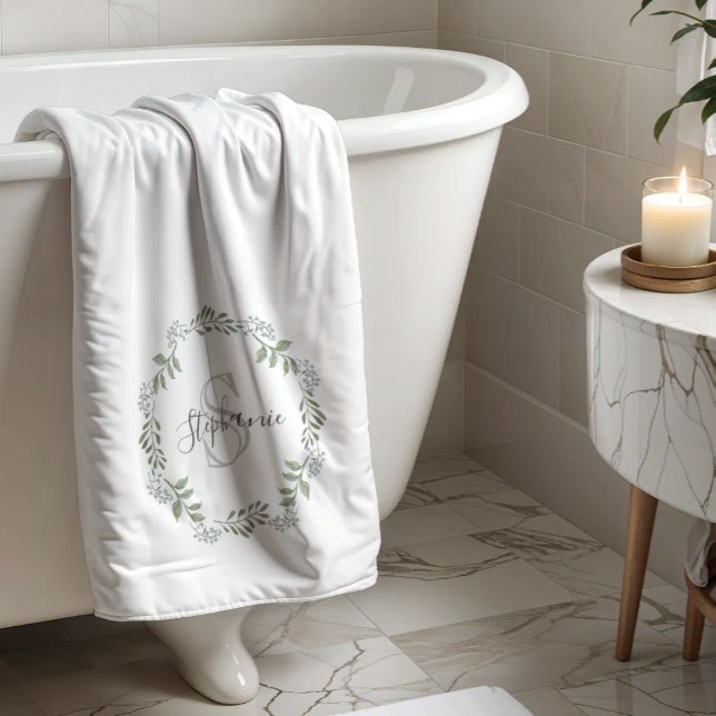 Sage Greenery Botanical Wreath Monogram Bath Towel (Creator Uploaded)