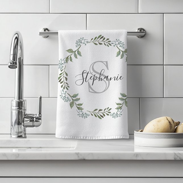 Sage Greenery Botanical Wreath Monogram Hand Towel (Creator Uploaded)