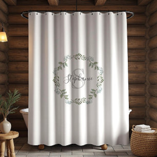 Sage Greenery Botanical Wreath Monogram Shower Curtain