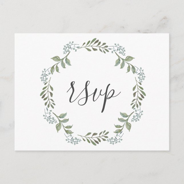 Sage Greenery Botanical Wreath Wedding RSVP Invitation Postcard (Front)