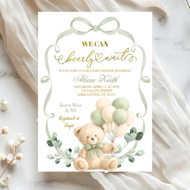 Sage Greenery Bow Coquette Bear Baby Shower Invitation (Creator Uploaded)