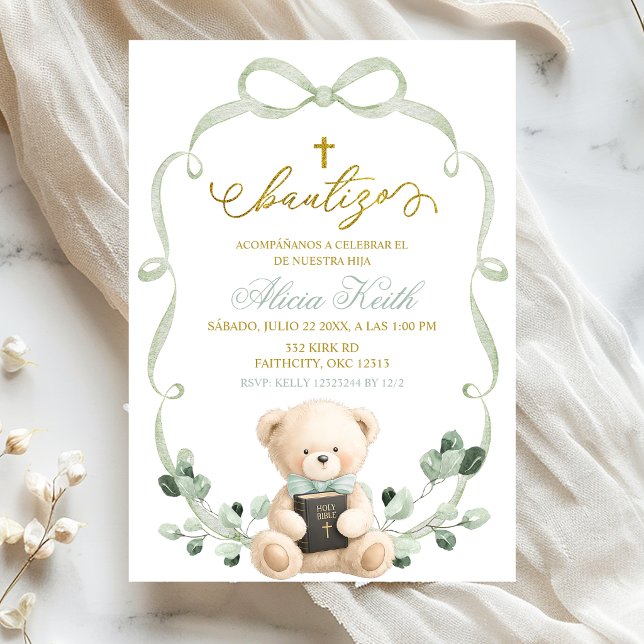 Sage Greenery Bow Coquette Bear Spanish Bautizo Invitation (Creator Uploaded)