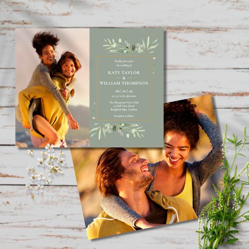 Sage Greenery Budget Photo Wedding Invitation