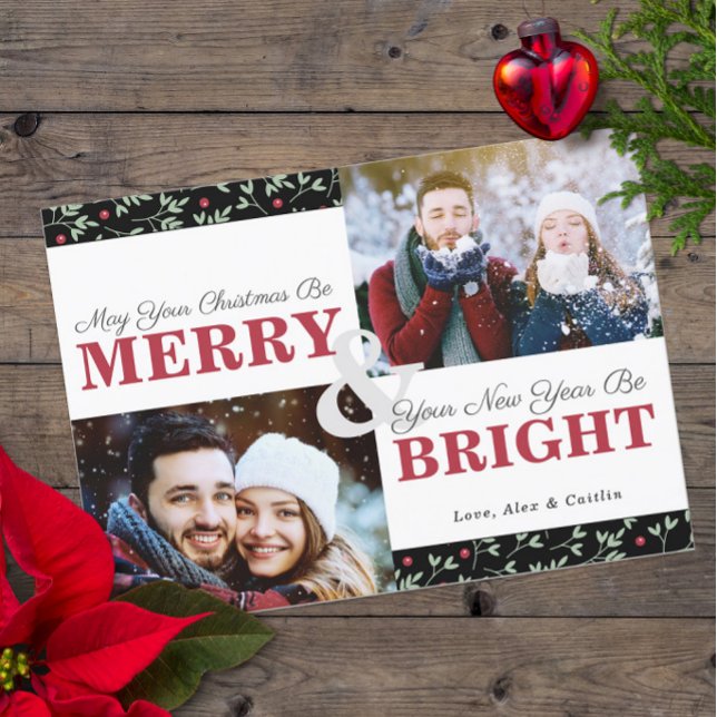 Sage Greenery Christmas Pattern 2-Photo Card (Sage Greenery Holly Berry Pattern Cards with 2 Photos)