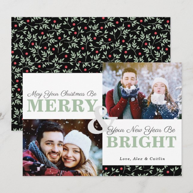 Sage Greenery Christmas Pattern 2-Photo Card (Front/Back)