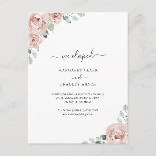 Sage Greenery Dusty Rose Pink Floral Elopement Announcement Postcard