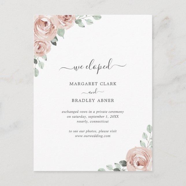 Sage Greenery Dusty Rose Pink Floral Elopement Announcement Postcard (Front)