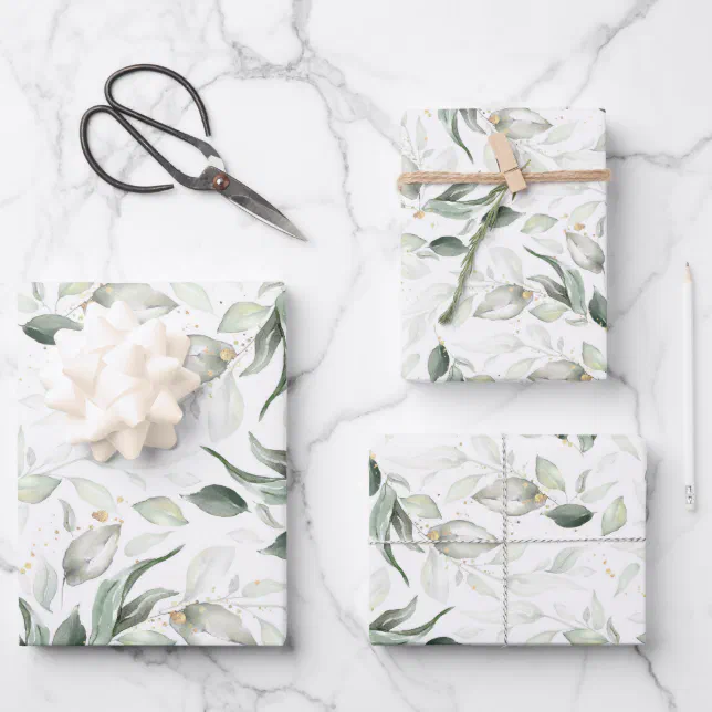 Sage Greenery Elegant Soft Gold Botanical Foliage Wrapping Paper Sheets (Front)