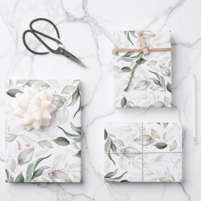 Sage Greenery Elegant Soft Rose Gold Foliage Wrapping Paper Sheets (Front)