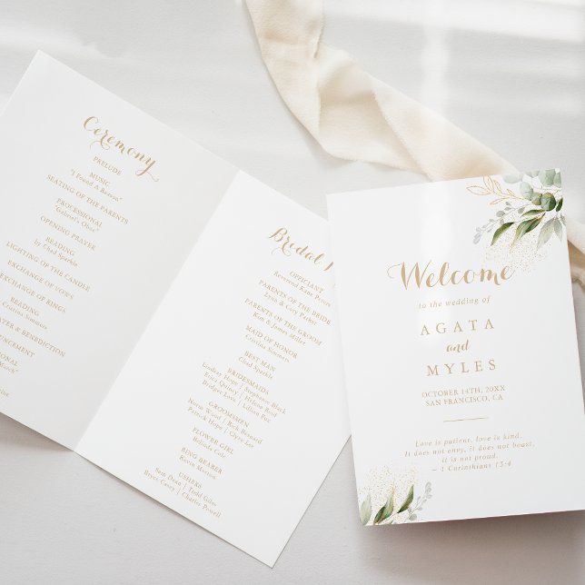 Sage Greenery Eucalyptus Gold Folded Wedding Program (Creator Uploaded)