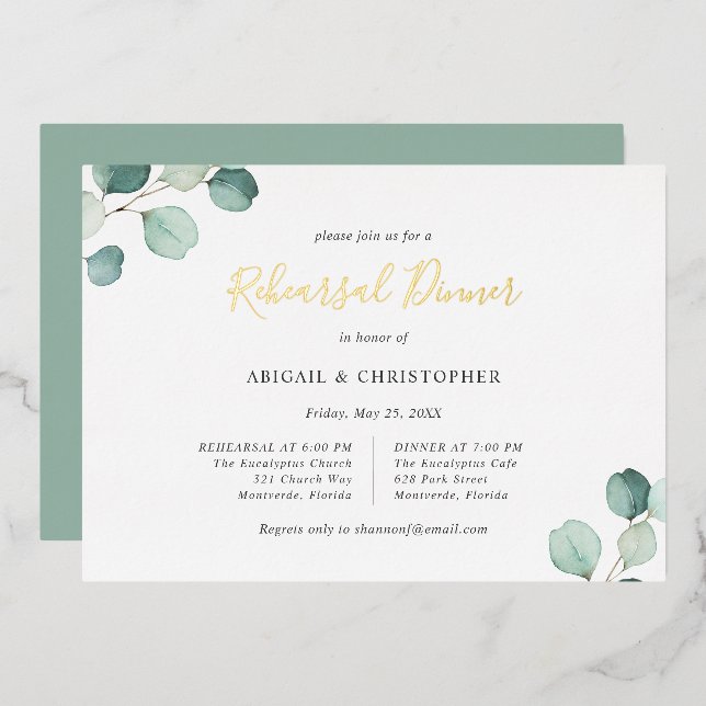 Sage Greenery Eucalyptus Rehearsal Dinner Gold Foil Invitation (Front/Back)