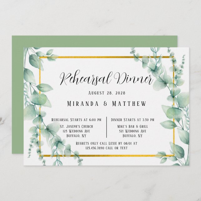 Sage Greenery Faux Gold Geometric Rehearsal Dinner Invitation (Front/Back)