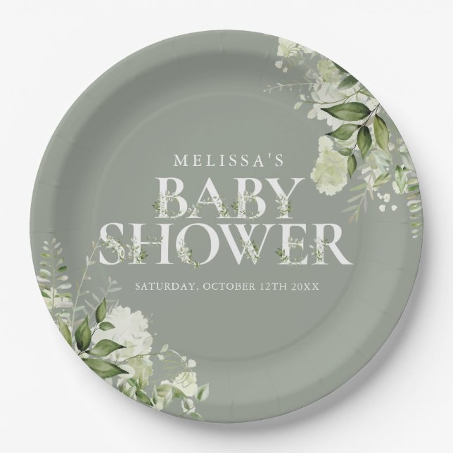Sage Greenery Floral Gender Neutral Baby Shower Paper Plates (Front)