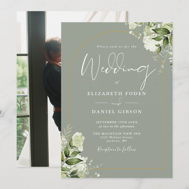 Sage Greenery Floral Gold Arch Photo Wedding Invitation (Front/Back)