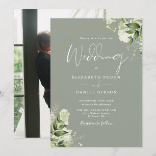 Sage Greenery Floral Gold Arch Photo Wedding Invitation
