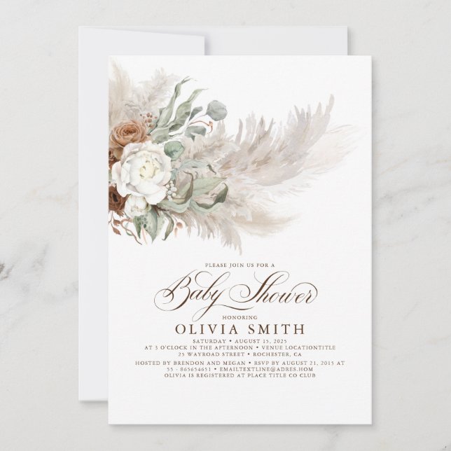 Sage Greenery Floral Pampas Grass Boho Baby Shower Invitation (Front)