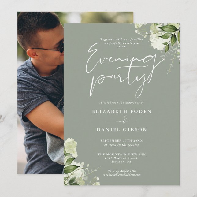 Sage Greenery Floral Photo Wedding Evening Party Invitation (Front/Back)