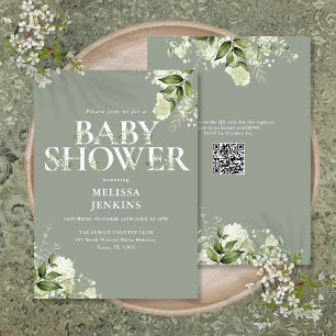 Sage Greenery Floral QR Code Baby Shower Invitation