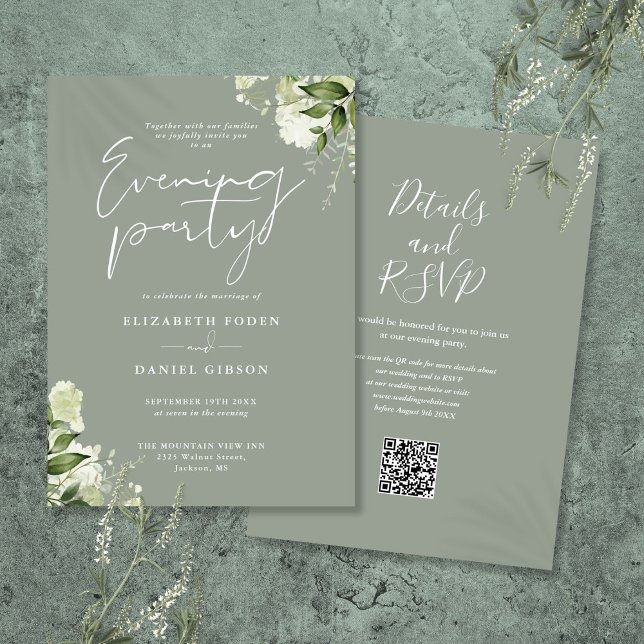 Sage Greenery Floral QR Code Wedding Evening Party Invitation (Sage Greenery Floral QR Code Wedding Evening Party Invitation)