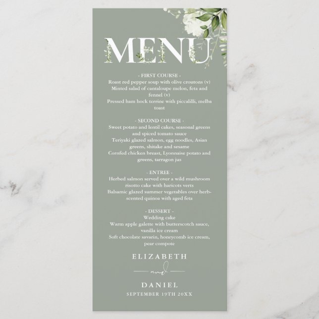 Sage Greenery Floral Typography Monogram Wedding Menu (Front)