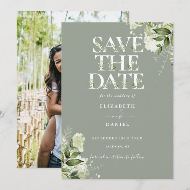 Sage Greenery Floral Typography Photo Wedding Save The Date (Front/Back)