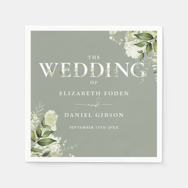 Sage Greenery Floral Typography Wedding Napkins (Front)