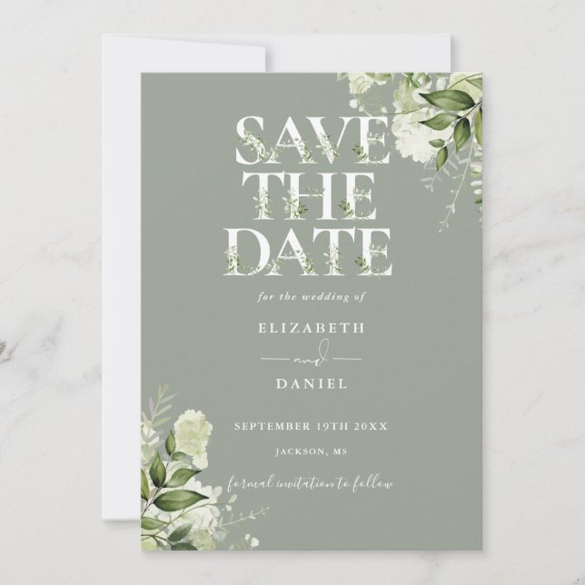 Sage Greenery Floral Typography Wedding Save The Date (Front)