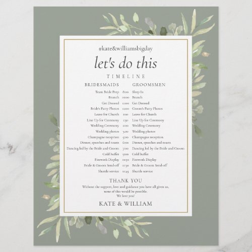 Sage Greenery Foliage Wedding Schedule Timeline