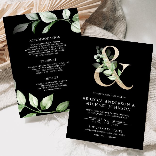 Sage Greenery Gold Ampersand Black Wedding Invitation (Creator Uploaded)