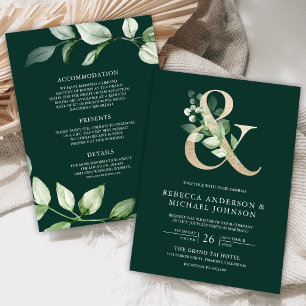 Sage Greenery Gold Ampersand Emerald Green Wedding Invitation
