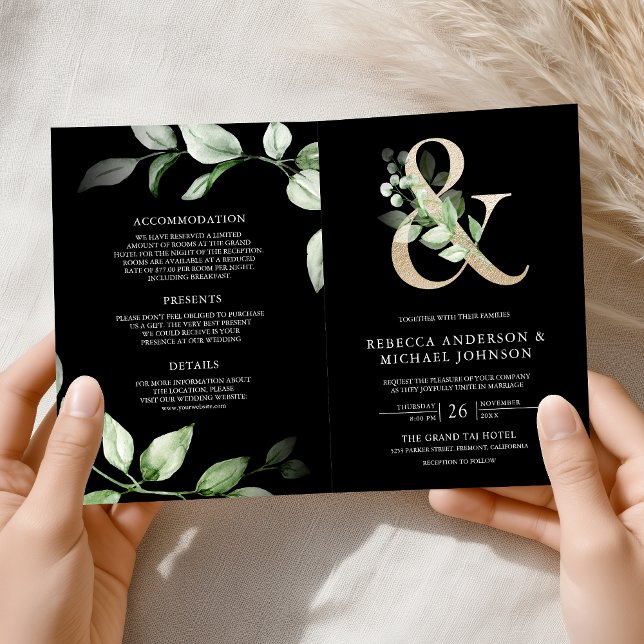Sage Greenery Gold Ampersand QR Code Black Wedding Invitation (Creator Uploaded)