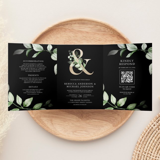 Sage Greenery Gold Ampersand QR Code Black Wedding Tri-Fold Invitation (Creator Uploaded)