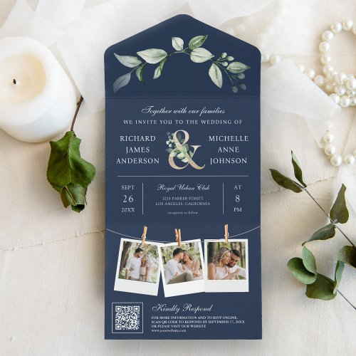 Sage Greenery Gold Ampersand QR Code Navy Wedding All In One Invitation