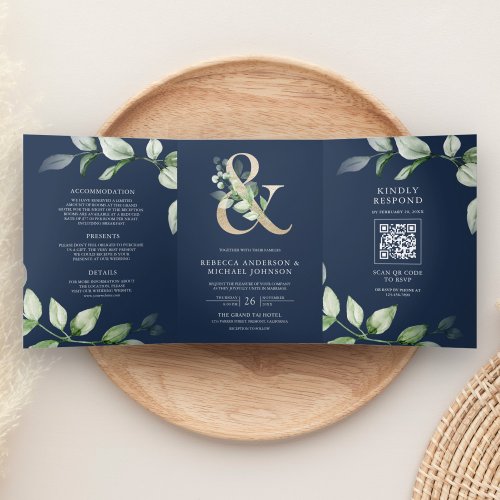Sage Greenery Gold Ampersand QR Code Navy Wedding Tri_Fold Invitation