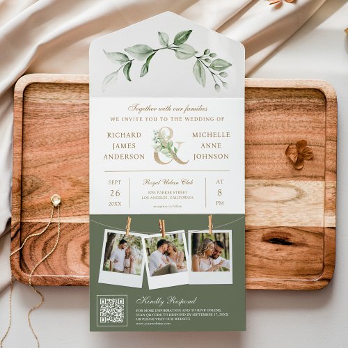 Sage Greenery Gold Ampersand QR Code Wedding All In One Invitation