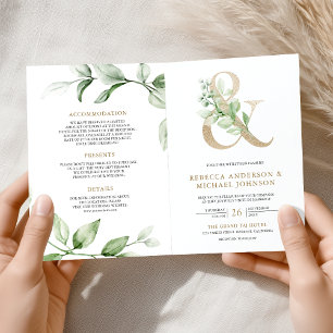 Sage Greenery Gold Ampersand QR Code Wedding Invitation