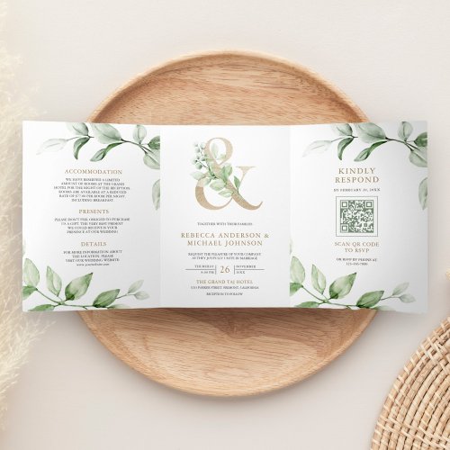 Sage Greenery Gold Ampersand QR Code Wedding Tri_Fold Invitation