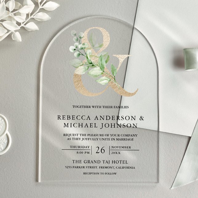 Sage Greenery Gold Ampersand Wedding Acrylic Invitations (Creator Uploaded)