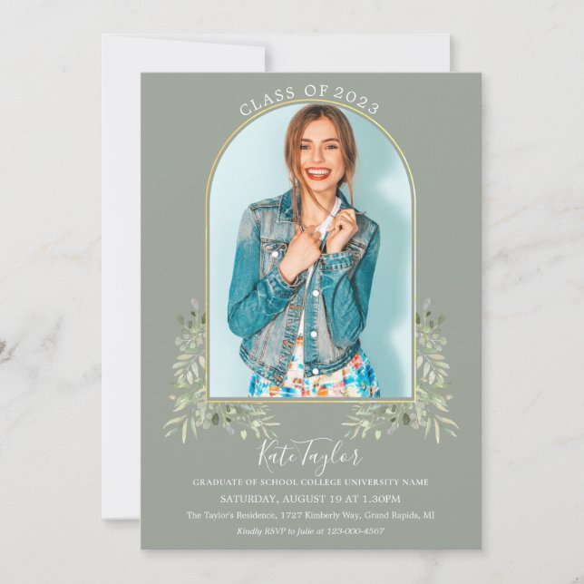 Sage Greenery Gold Arch Photo Graduation Party Inv Invitation (Front)