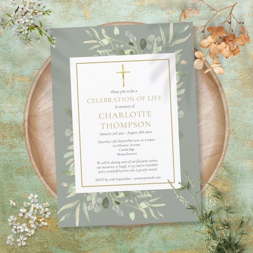 Sage Greenery Gold Christian Celebration of Life Invitation