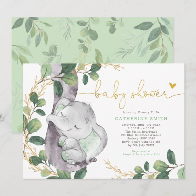 Sage Greenery Gold Elephant Neutral Baby Shower Invitation (Front/Back)