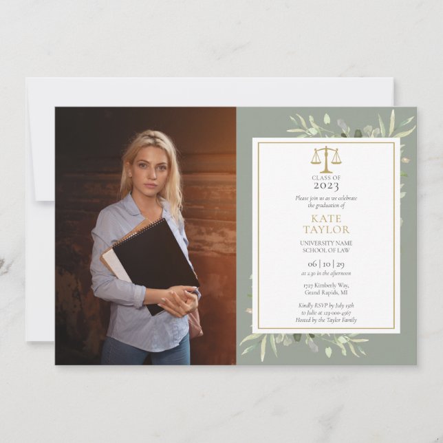 Sage Greenery Gold Law School Graduation Photo Invitation (Front)