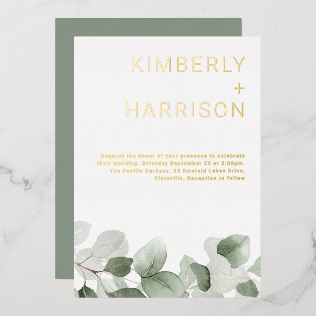 Sage Greenery Leaves Modern Wedding Golden Foil Invitation (Front/Back)